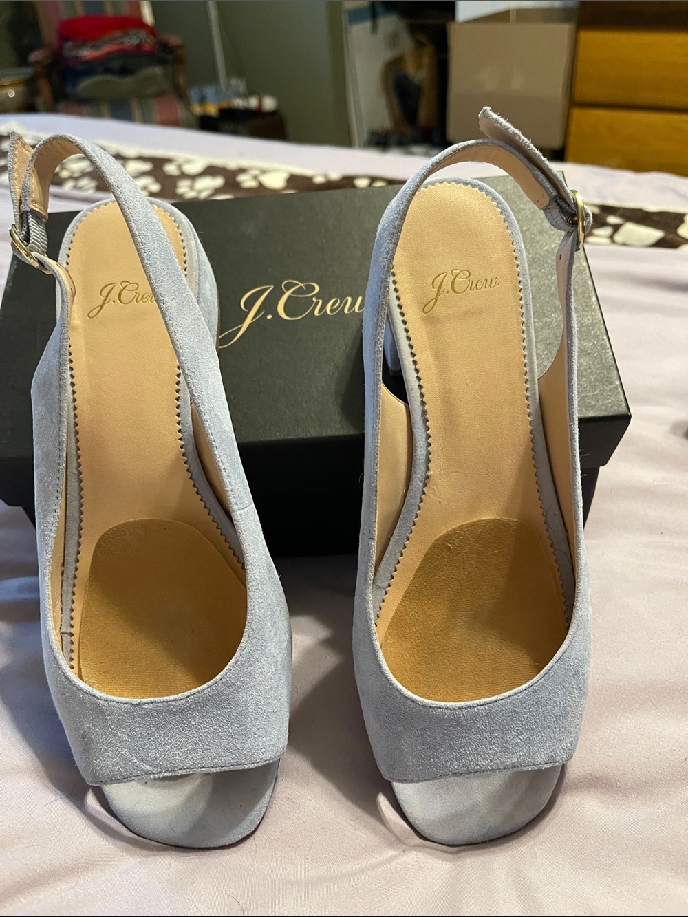 J. Crew Light Blue Suede Slingback Peep-Toe Low Heels, size 8